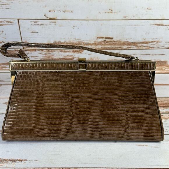 Vintage Verdi Brown Faux Alligator Handbag – Top Handle, Structured Retro Purse - Picture 1 of 7